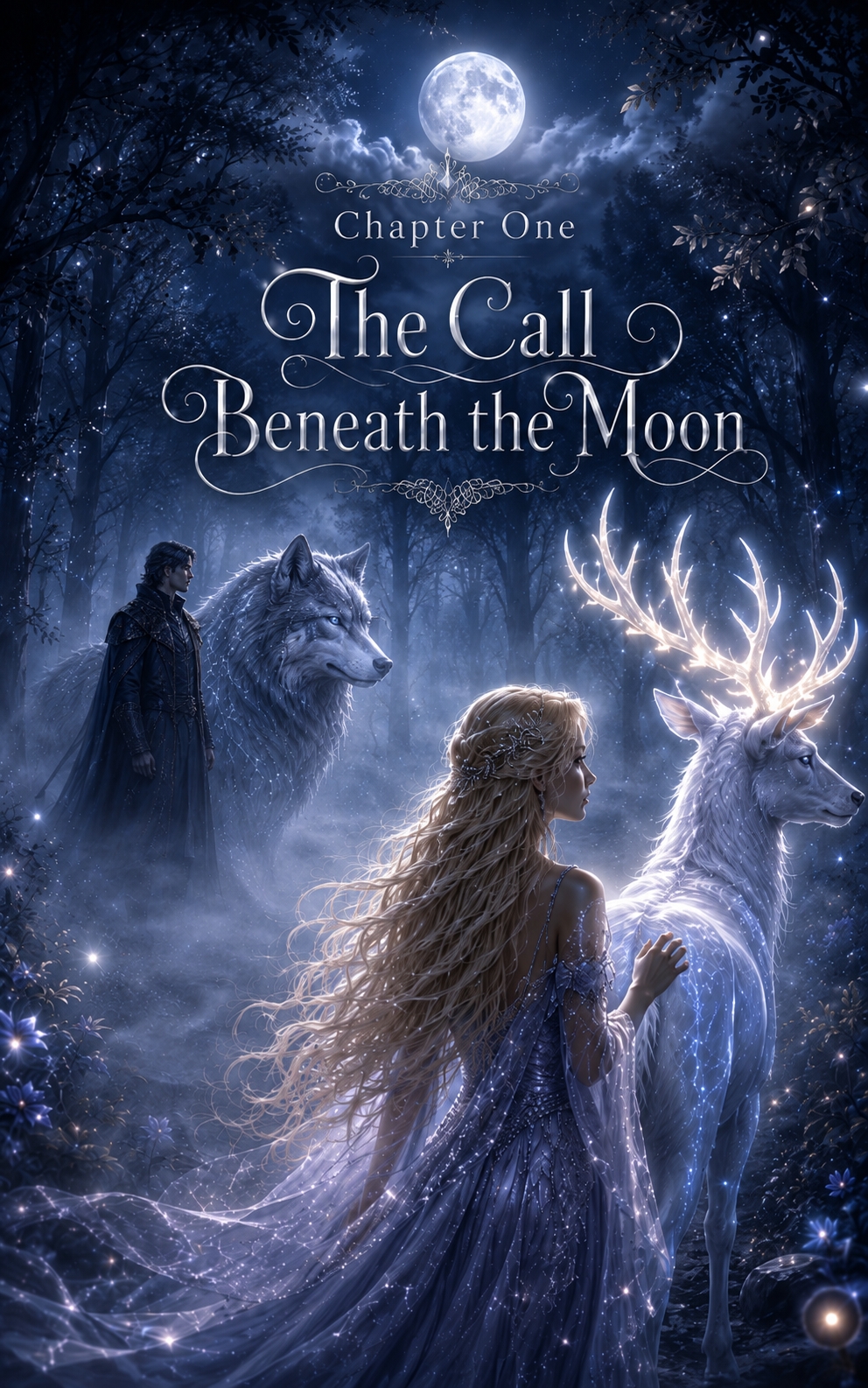 Chapter One — The Call Beneath the Moon: MssClassy with Lunaris the glowing stag beneath the full moon