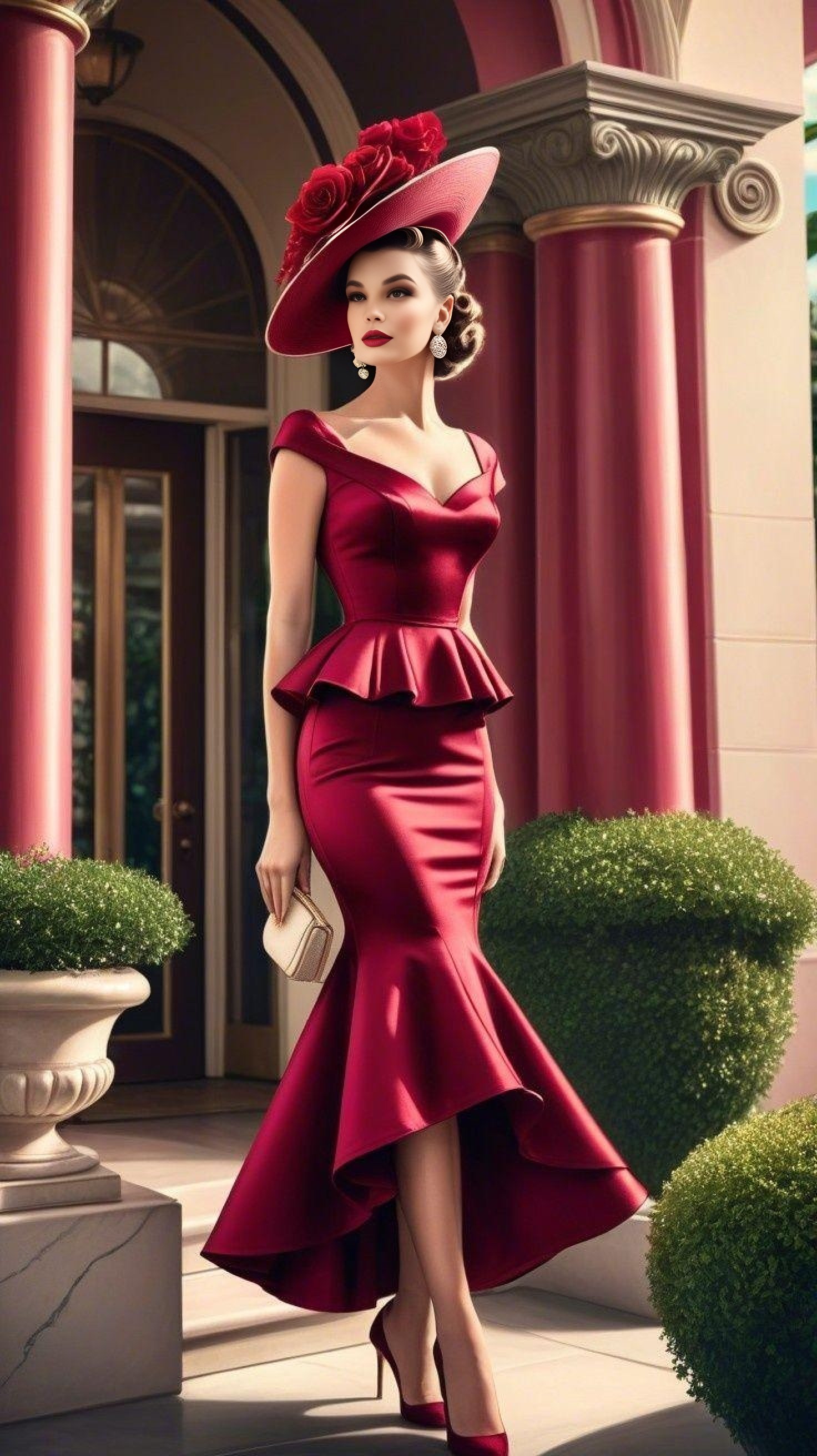 Woman in a fitted red satin dress with a large red hat adorned with roses