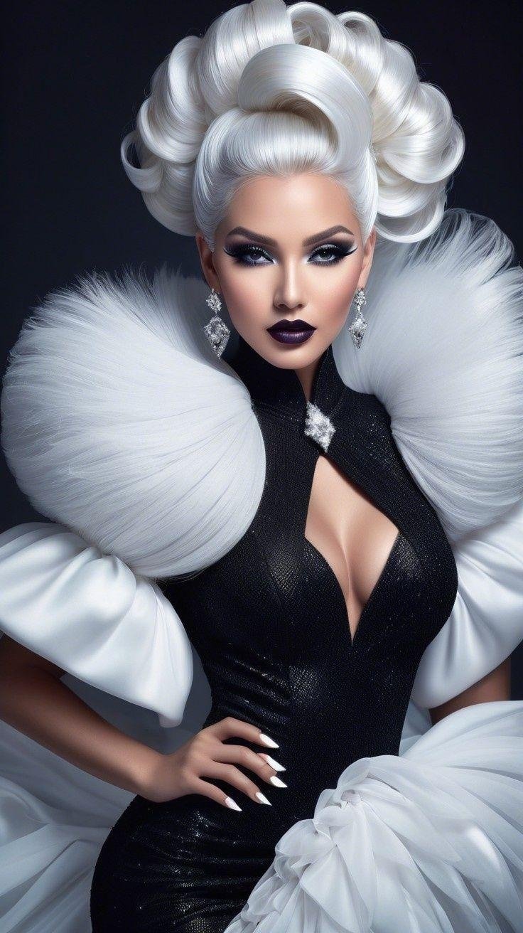 Avant-garde black dress with dramatic voluminous white ruffles