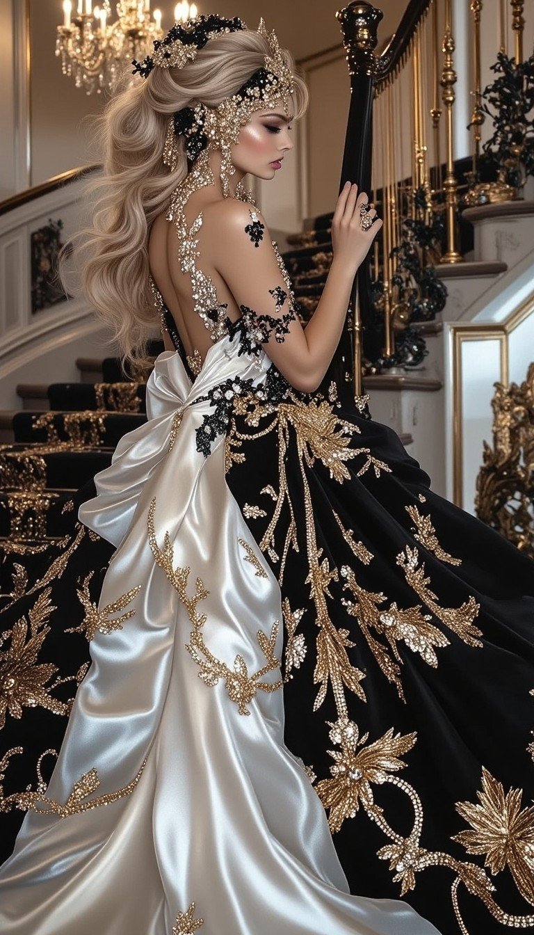 Model with elaborate blonde updo in an ornate black, white, and gold gown on a grand staircase