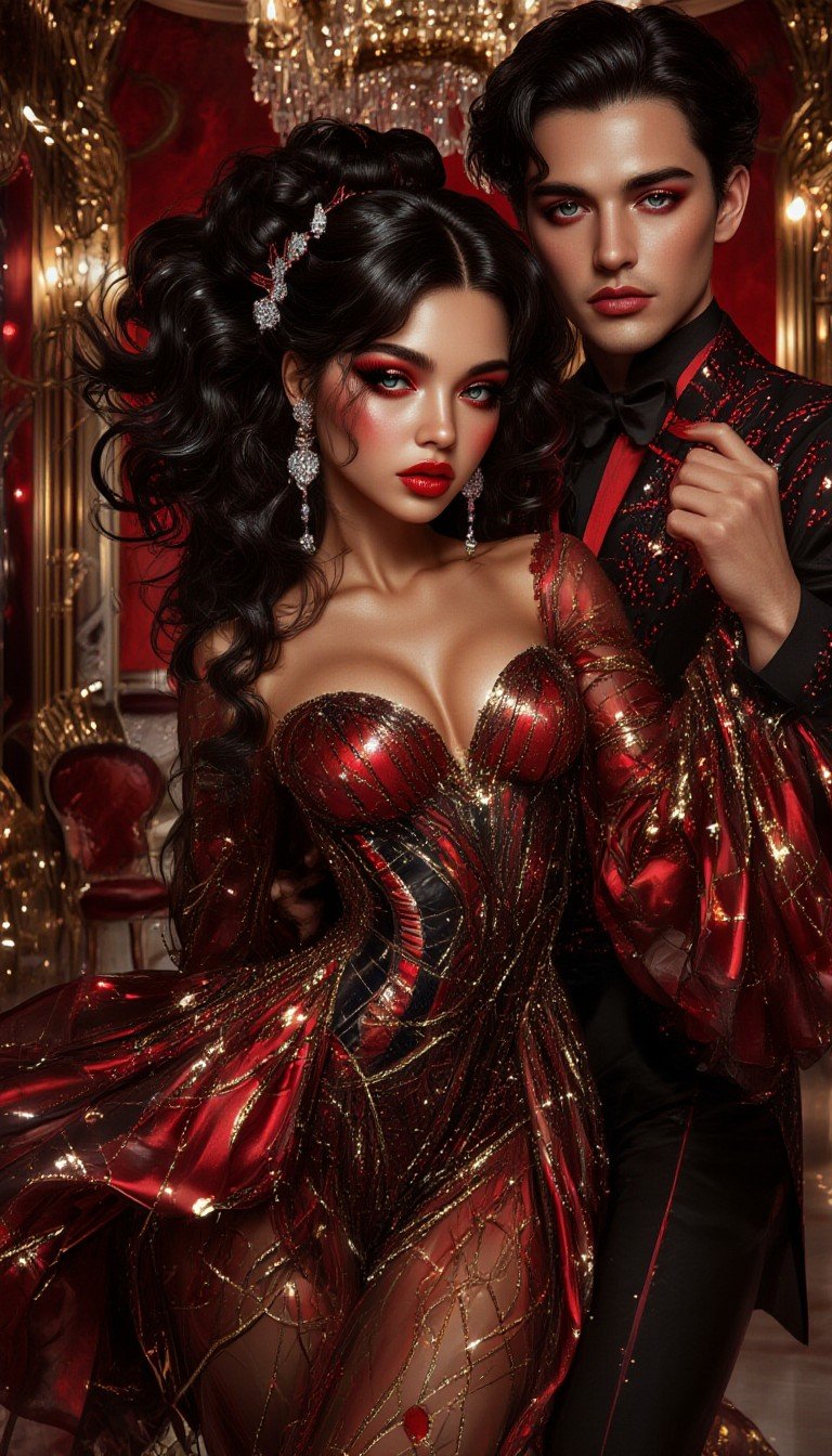 Couple in glamorous red and black evening wear in an opulent red and gold room