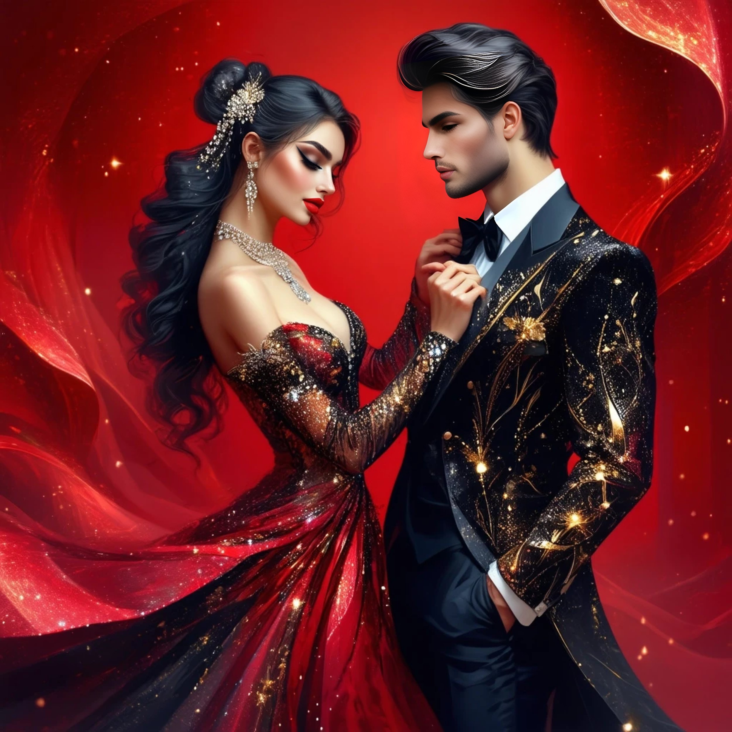 Glamorous couple in formal evening wear against a vibrant red, sparkling backdrop