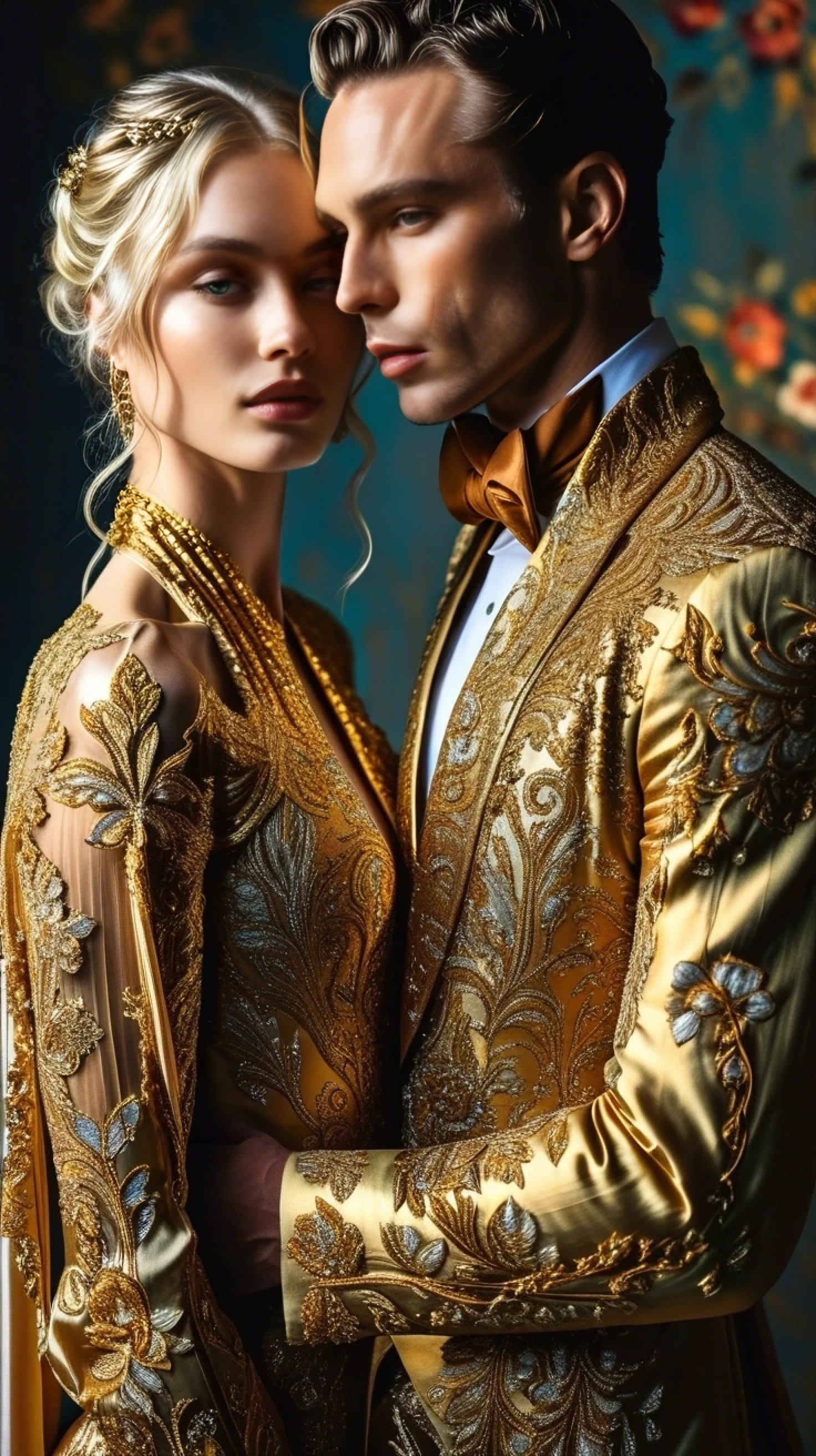 Couple in ornate, matching gold embroidered formal wear