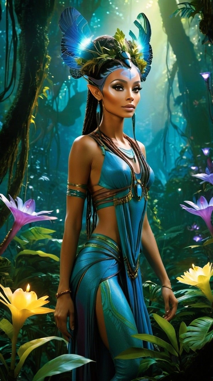 Fantasy elf woman with blue glowing wing-like headpieces in a magical forest