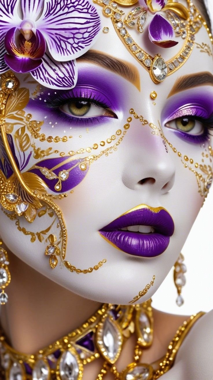 Portrait with intricate purple and gold makeup and jeweled headpieces