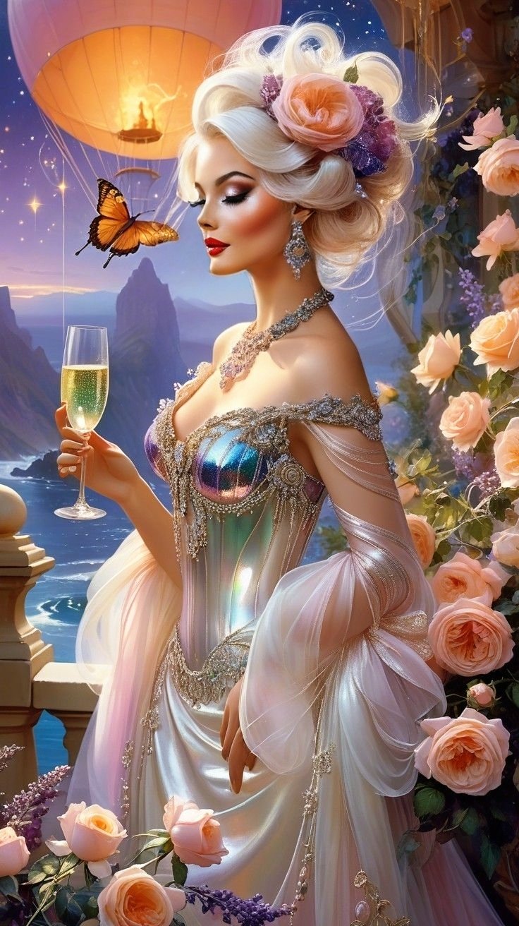 Woman with elaborate white updo adorned with flowers in an iridescent corset gown