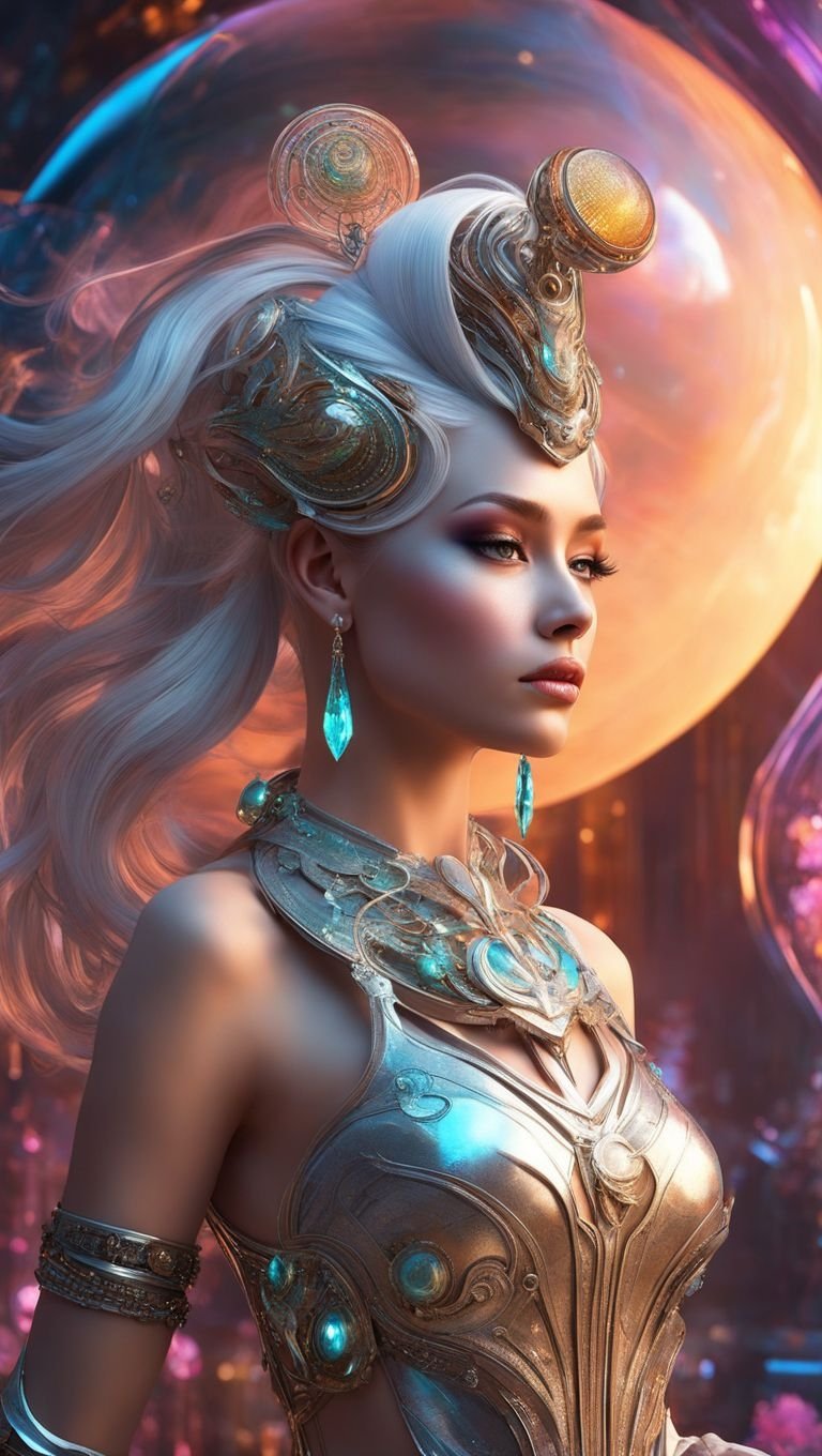Futuristic fantasy woman with ornate metallic headwear and turquoise crystal earrings
